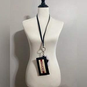 Black Logo Lanyard Zip Pouch Leather Wallet- Gucci